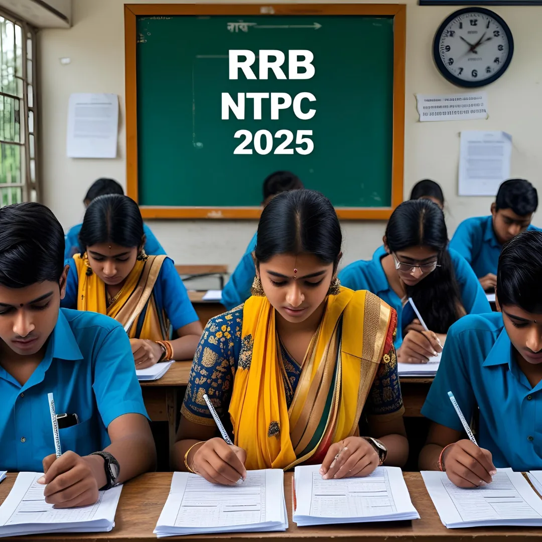 RRB-NTPC-Application-status-2025.png Student checking RRB NTPC Inter Level Admit Card 2025 with exam center background and ID in hand.