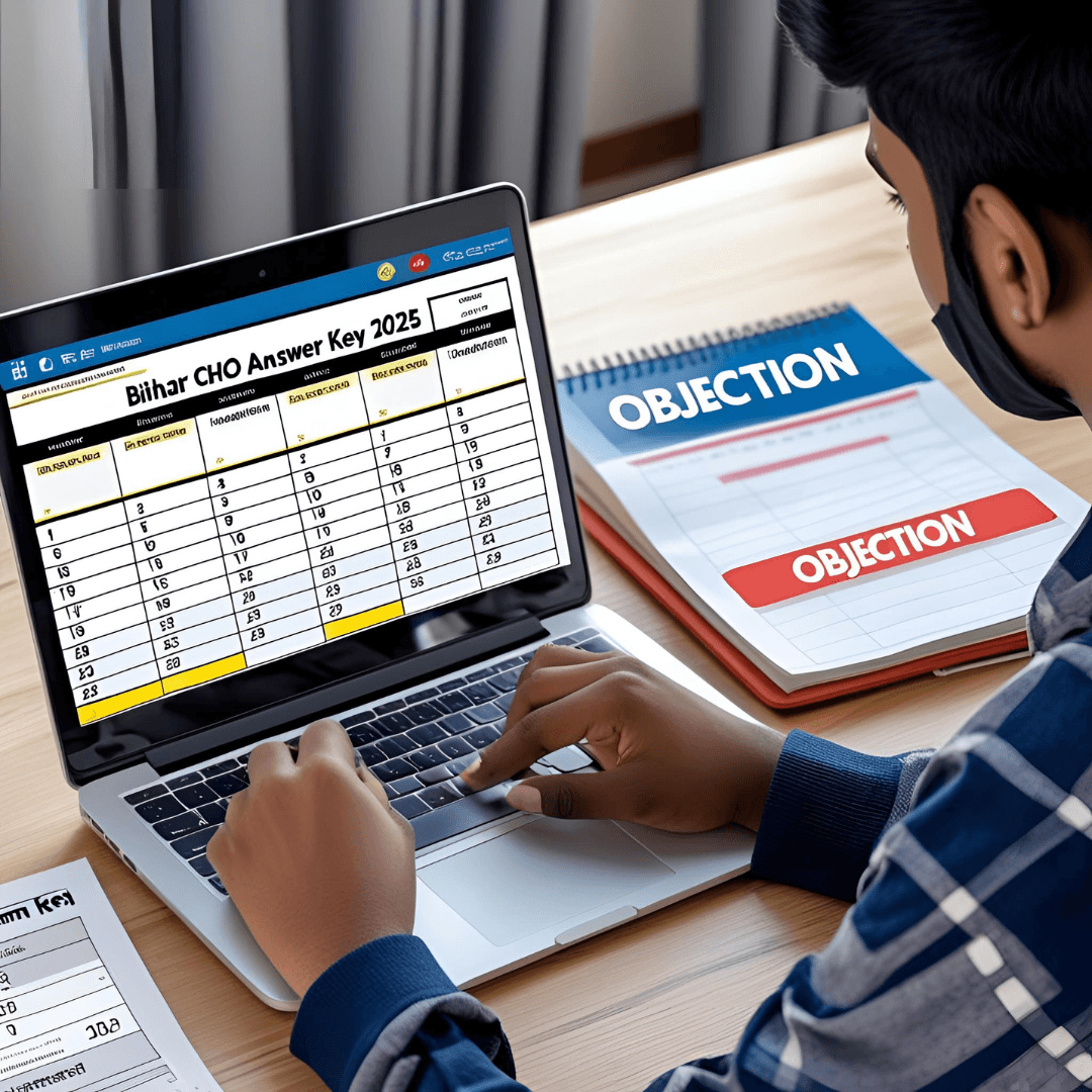 bihar-cho-answer-key-2025-download-objection.png Candidate checking Bihar CHO Answer Key 2025 on laptop with calendar and objection folder in the background