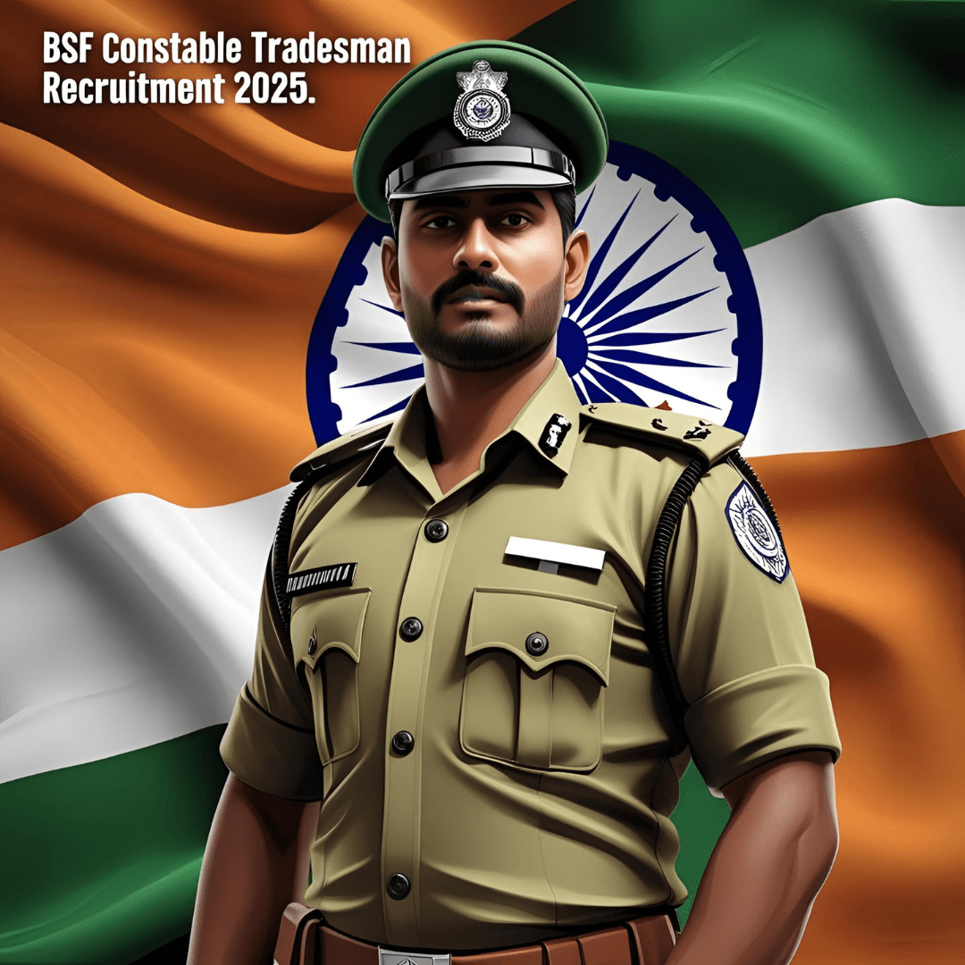bsf-constable-tradesman-recruitment-2025.png BSF Constable Tradesman Recruitment 2025 โ Indian BSF soldier in uniform with Indian flag background