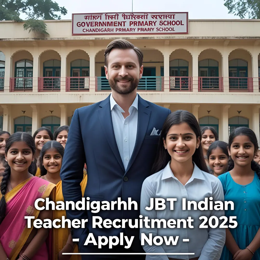 chandigarh-jbt-primery-teacher-recruitment-2025 Create an image showing a male and female teacher standing in front of a Chandigarh government primary school building with students smiling in the background. Use a clear text label: "Chandigarh JBT Teacher Recruitment 2025 β Apply Now