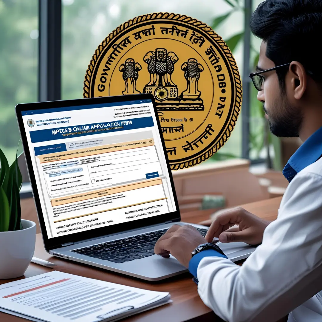 mpesb-group-5-online-form-2025.webp Candidates filling MPESB Group 5 online form 2025 on laptop, with official notification PDF open, government emblem in background β professional and realistic tone