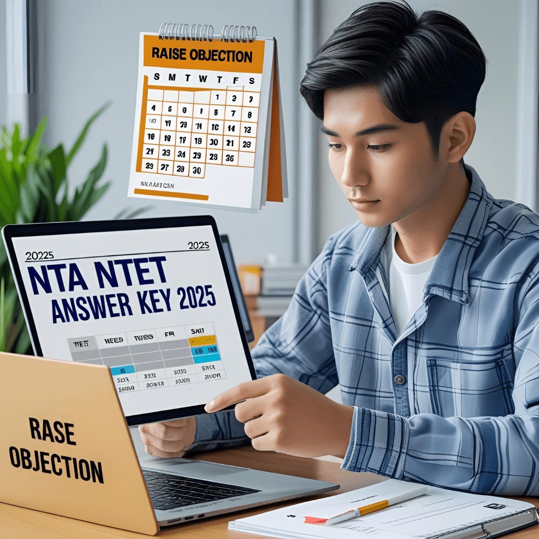 nta-ntet-answer-key-2025-download-objection-guide.png Candidate checking NTA NTET answer key 2025 on laptop with exam dates and objection instructions on screen