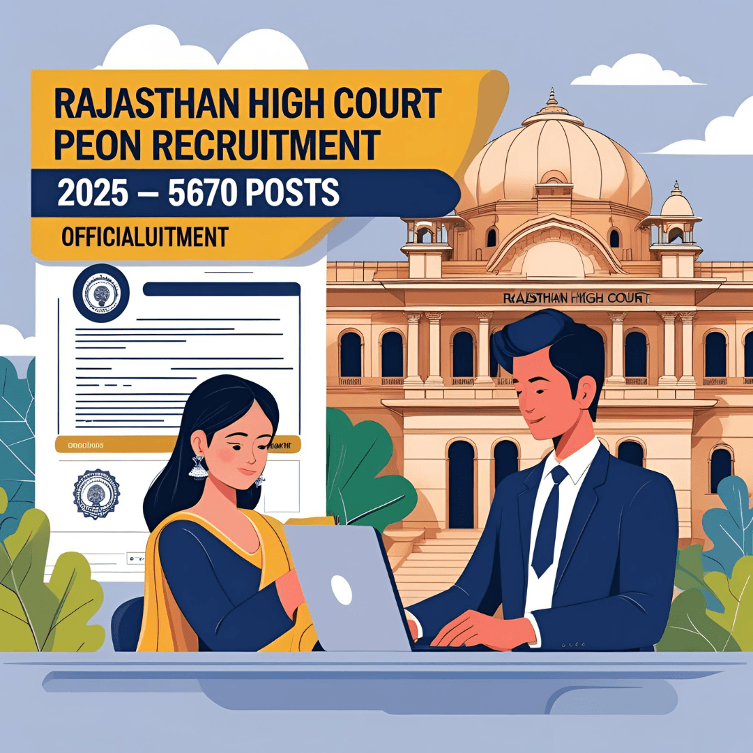 rajasthan-high-court-peon-recruitment-2025.png Rajasthan High Court Peon Recruitment 2025 banner with laptop showing online form and 5670 vacancy notification in the background.