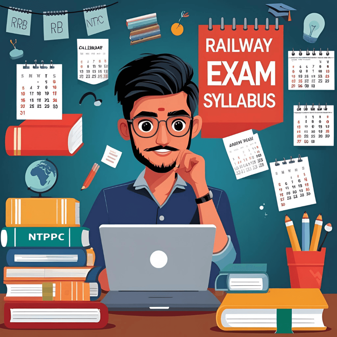 rrb-ntpc-Undergraduate-syllabus-2025.png Student preparing for RRB NTPC Undergraduate syllabus 2025 with books and laptop showing railway exam topics