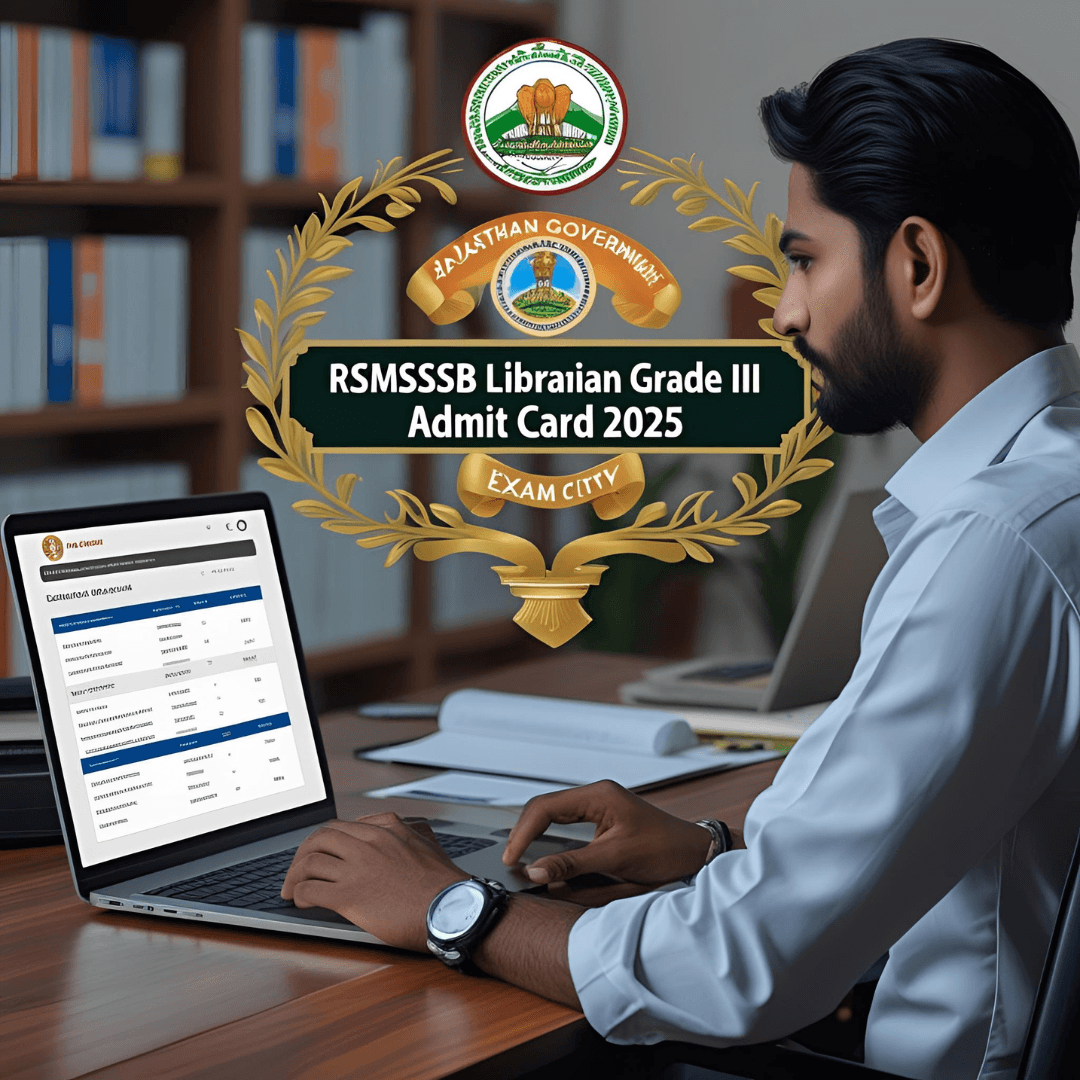Candidate downloading RSMSSB Librarian Grade III Admit Card 2025 with Rajasthan emblem and exam date details