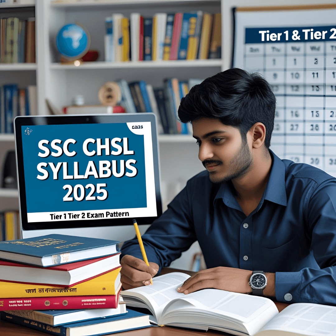 Student preparing SSC CHSL Syllabus 2025 with books and exam pattern on screen.