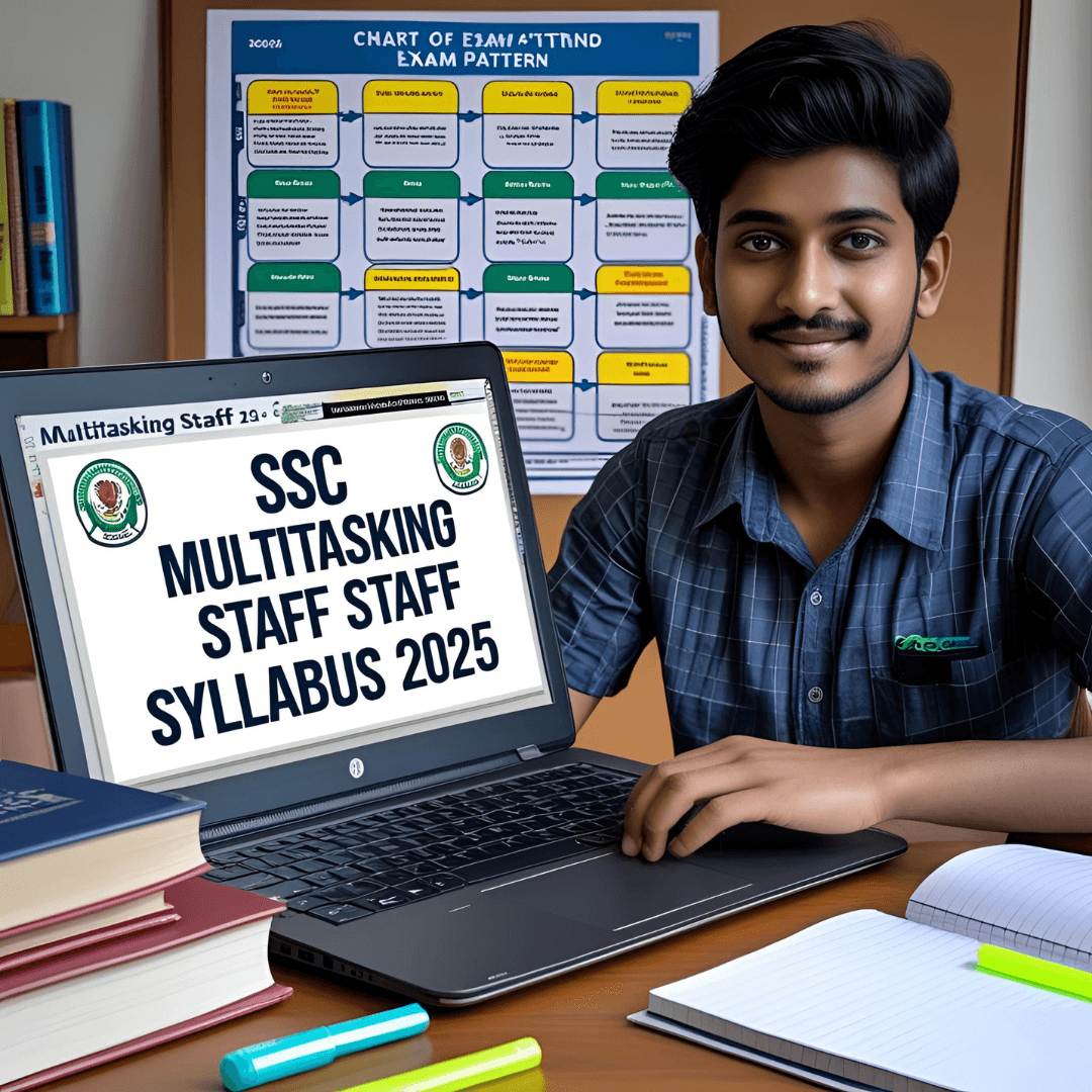 Student checking SSC MTS Syllabus 2025 and exam pattern on laptop with notes and books.