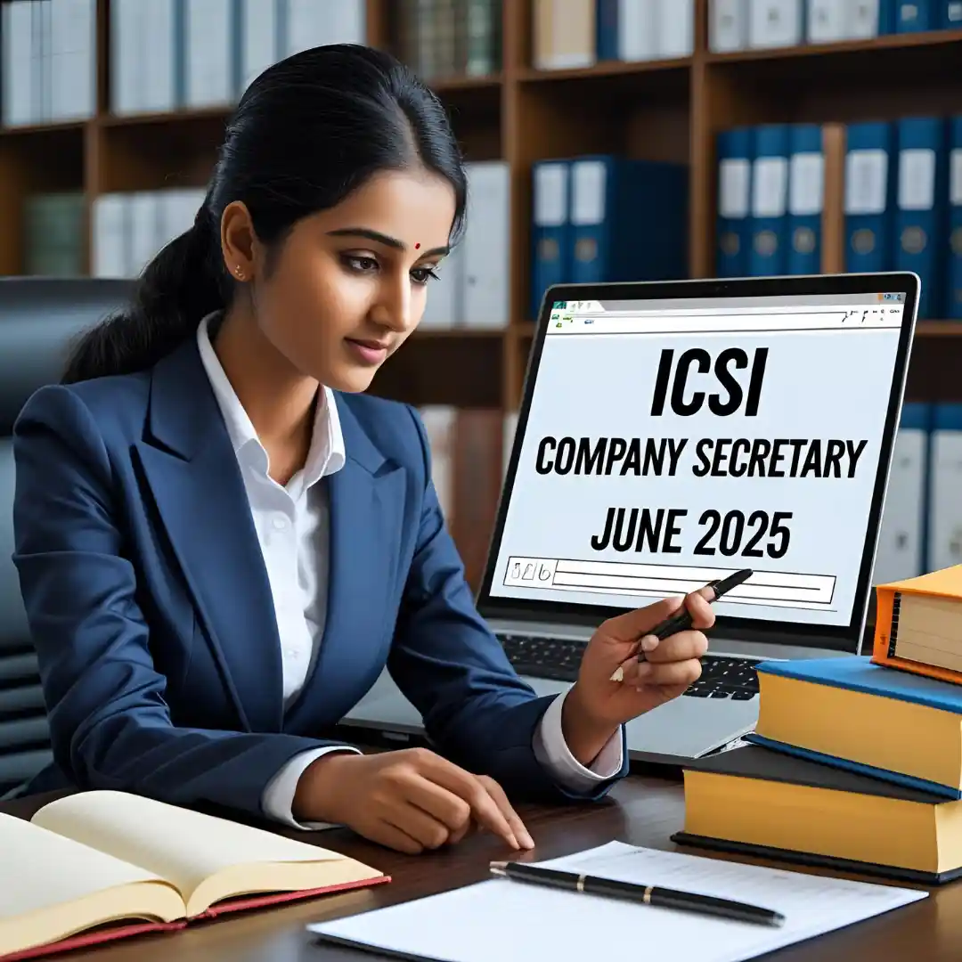 ICSI Company Secretary June 2025 Result Student checking ICSI Company Secretary June 2025 Result for Professional Programme on laptop.
