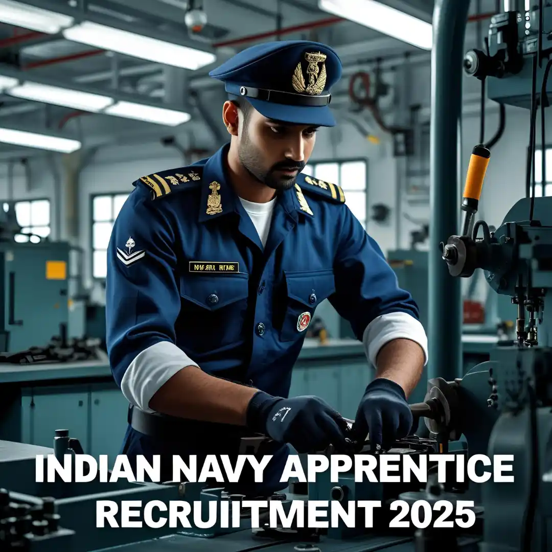 Indian Navy Apprentice Recruitment 2025 Indian Navy Apprentice recruitment 2025 poster with Navy emblem and machinery background.