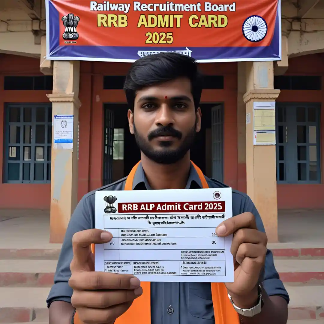 RRB ALP Admit Card 2025 Candidate showing RRB ALP Admit Card 2025 outside exam center for CBAT Re-Exam.