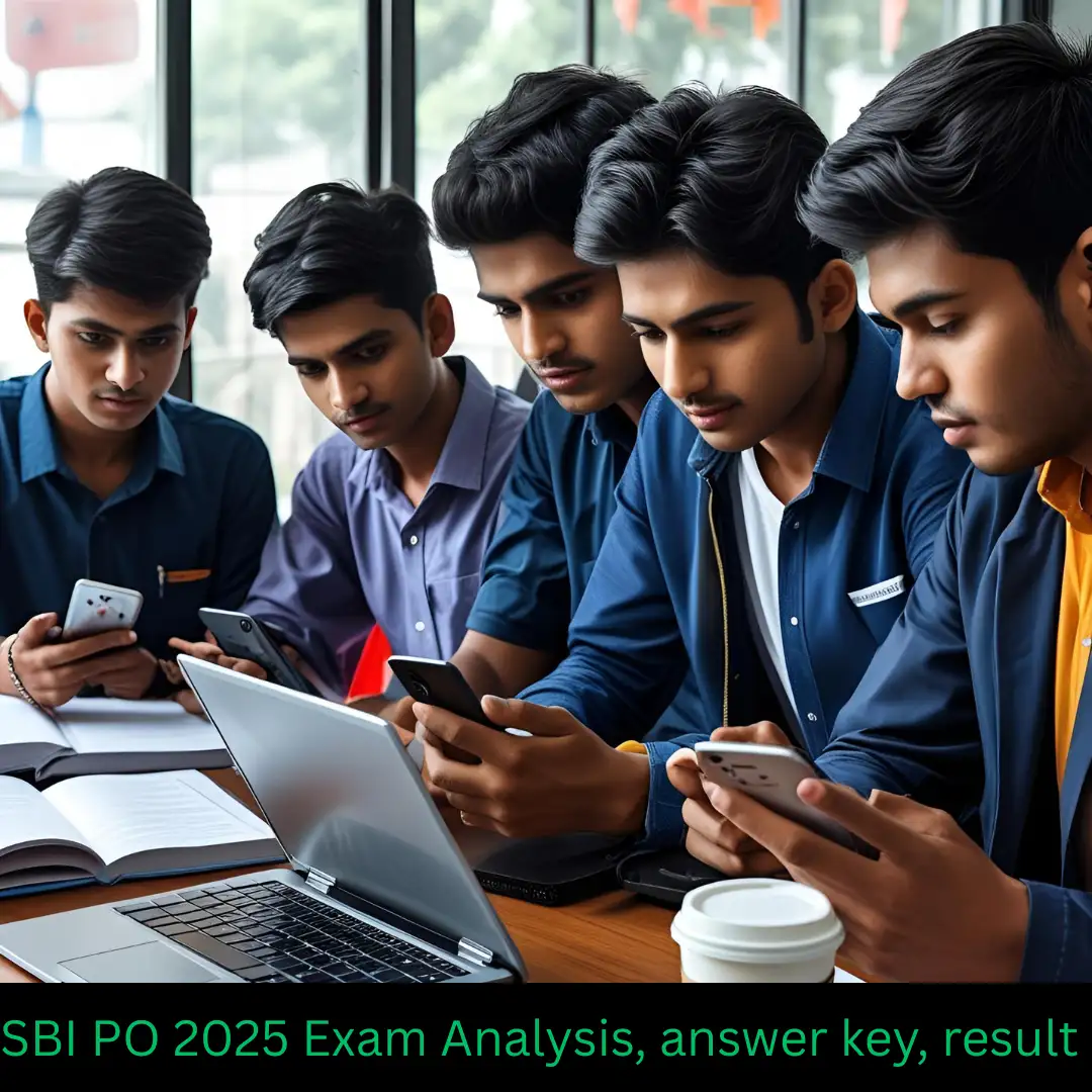 SBI PO Exam Analysis, answer key, result Students checking SBI PO exam analysis 2025, answer key and analysis on digital devices.