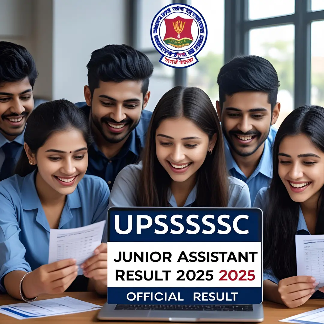 upsssc-junior-assistant-result-2025 A group of happy students checking results on a laptop, with “UPSSSC Junior Assistant Result 2025” text banner and official logo in the background