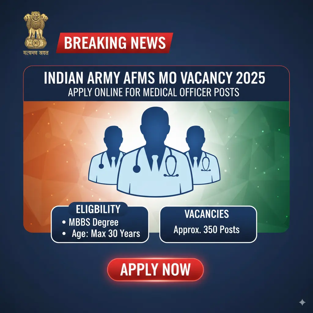Army AFMS MO Vacancy 2025 notification – Apply Online for Medical Officer Recruitment with Indian Army logo and doctor silhouettes