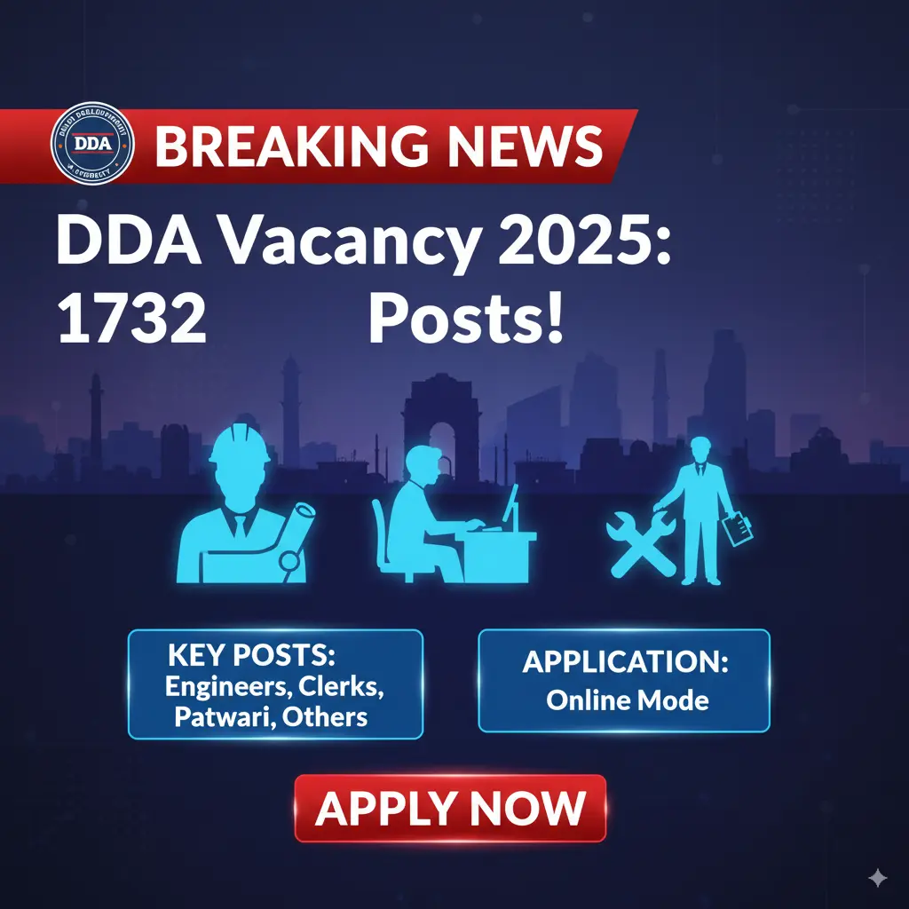 DDA Vacancy 2025 Breaking DDA Vacancy 2025 – 1732 Posts (Group A, B & C) Notification advertisement with DDA logo and Delhi skyline