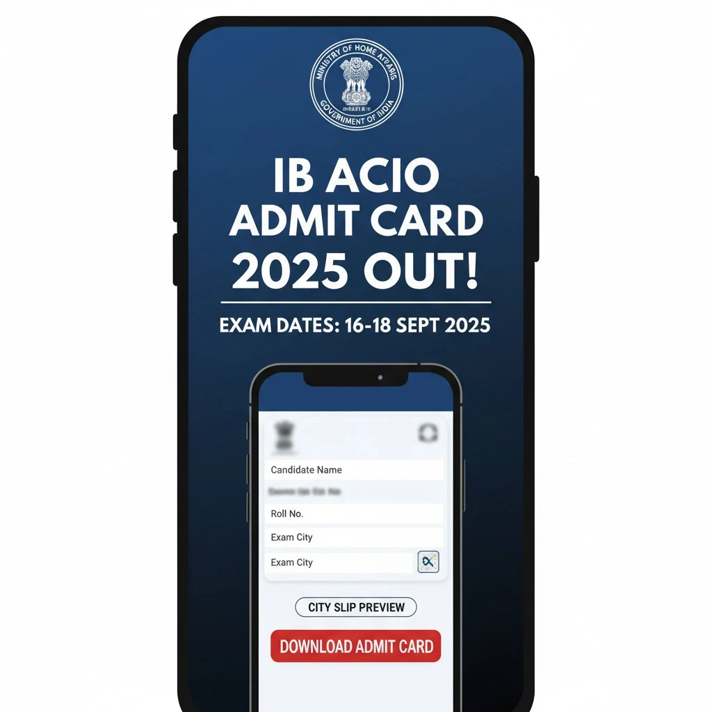 IB ACIO Admit Card 2025 notice with city slip and exam dates visual.