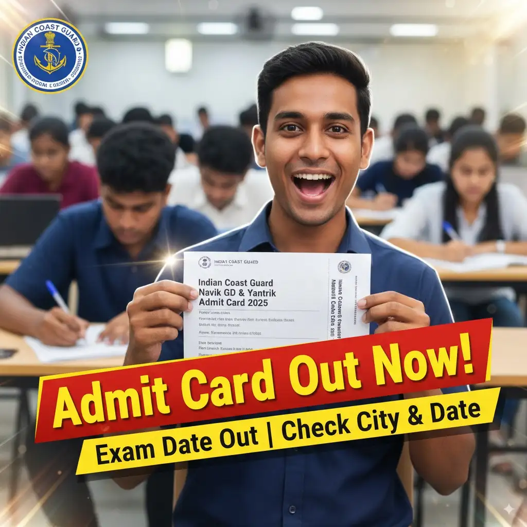 Indian Coast Guard Navik GD Admit Card 2025 Indian Coast Guard Navik GD Yantrik Admit Card 2025 hall ticket mockup with exam city and date.