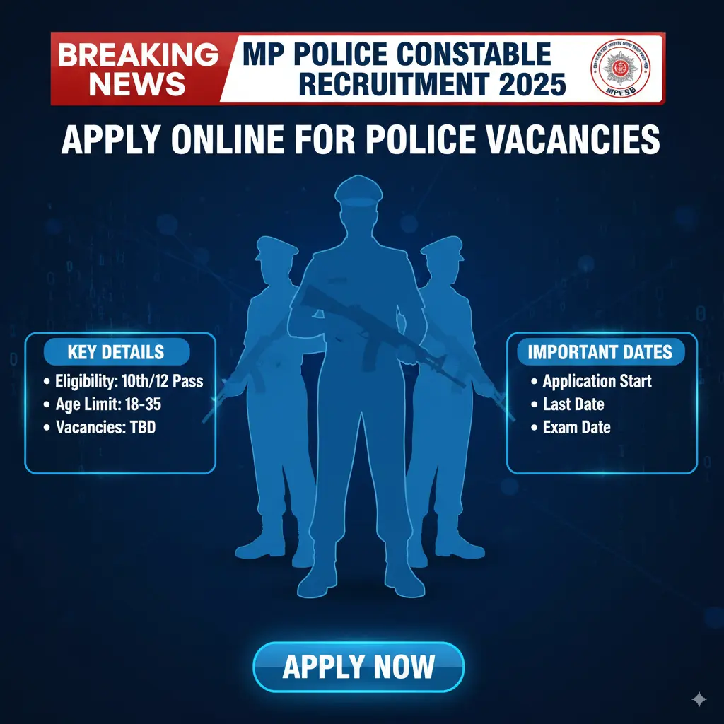 MP Police Constable Vacancy 2025 Breaking News banner for MP Police Constable Vacancy 2025 with bold red headline text, silhouettes of police constables standing in uniform, official MPESB logo, glowing urgent call-to-action visuals, professional news graphic style.