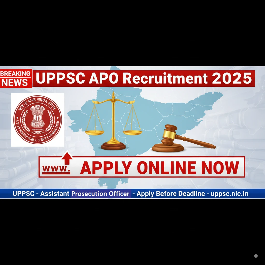 UPPSC APO Recruitment 2025 notification banner – Apply Online for Assistant Prosecution Officer Vacancy with UPPSC logo and justice symbols.